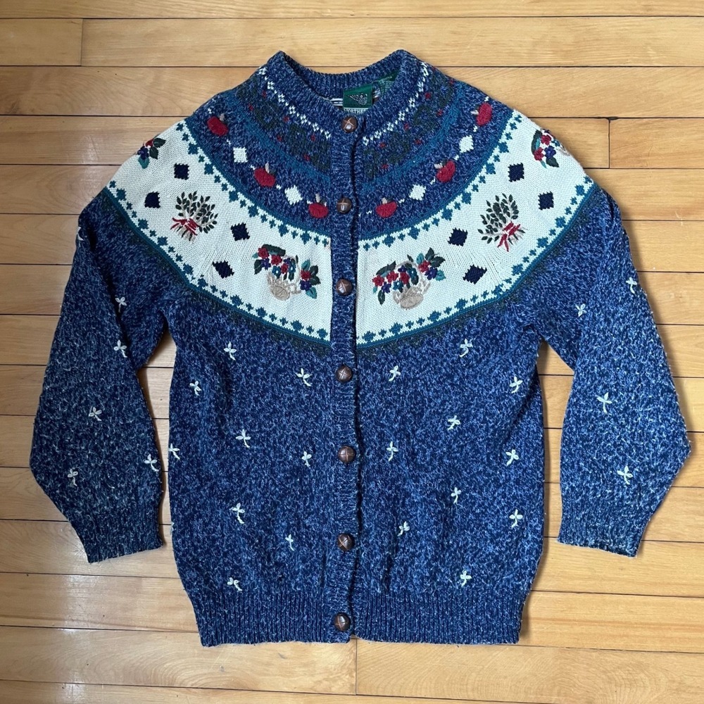 Vintage Northern Reflections Blue Embroidered Mushroom Floral Cardigan Sweater